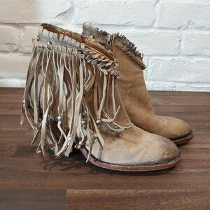 Lucchese Fringe Ankle Bootie Women 7 Distressed Farrah Tan Brown Leather Western